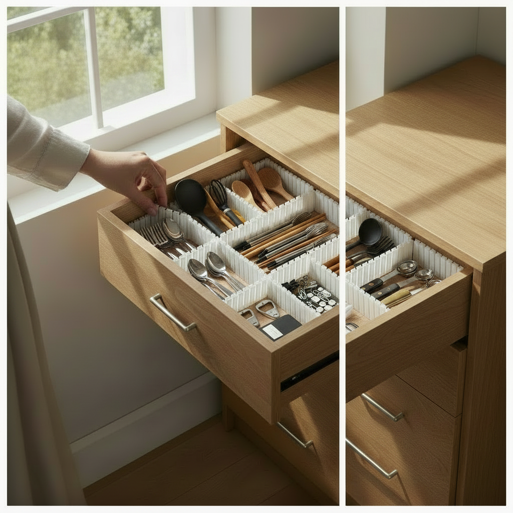 Pack 4 divisórias organizadoras numa gaveta de cozinha com talheres