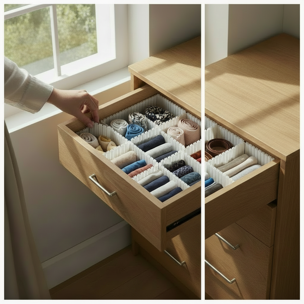 Pack 4 divisórias organizadoras numa gaveta de quarto com meias e acessórios